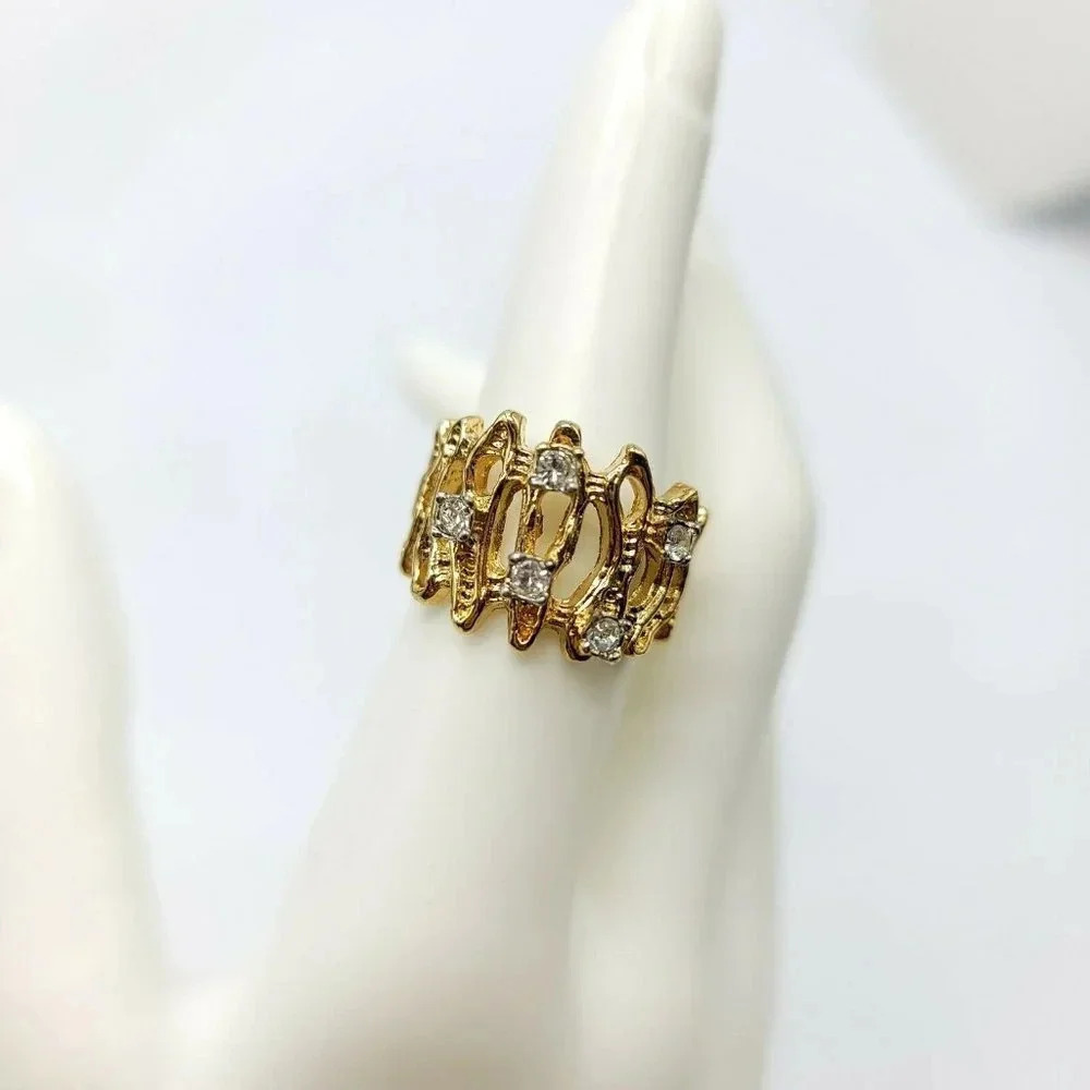 Clear Glass Rhinestone 18KT HGE Gold Electroplate NOS Vintage Ring Size 7